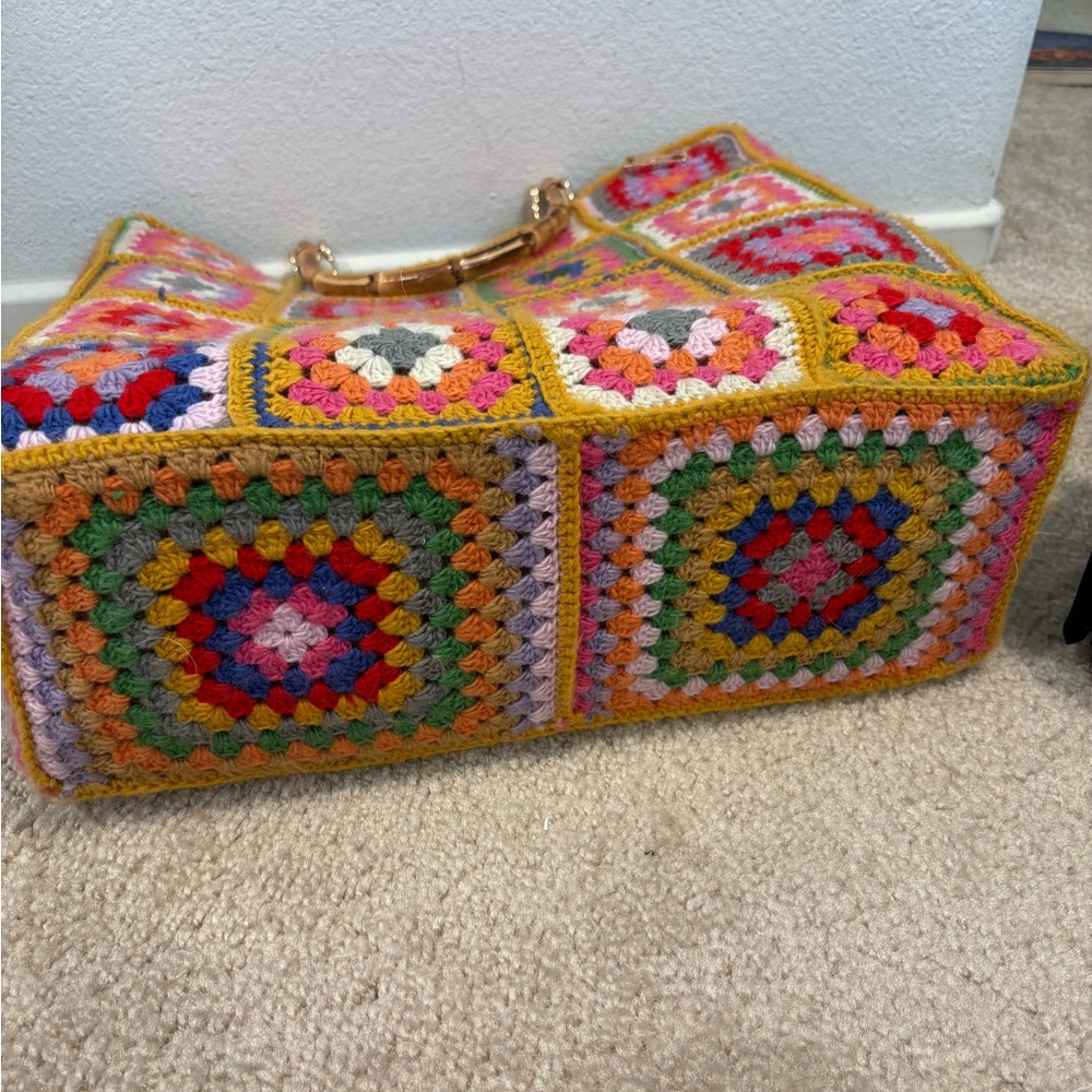 Milanesa Crochet Square Tote Bag with Bamboo Handles - Multicolor - Picture 4 of 10